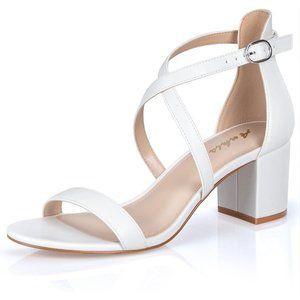 Women's White Strappy Block Heels Comfy Grace Sandals Open Toe Chunky Dress